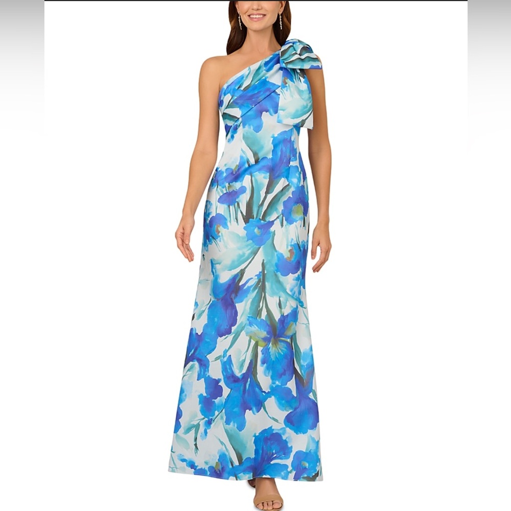 Adrianna Papell Blue & White One-Shoulder Floral Gown